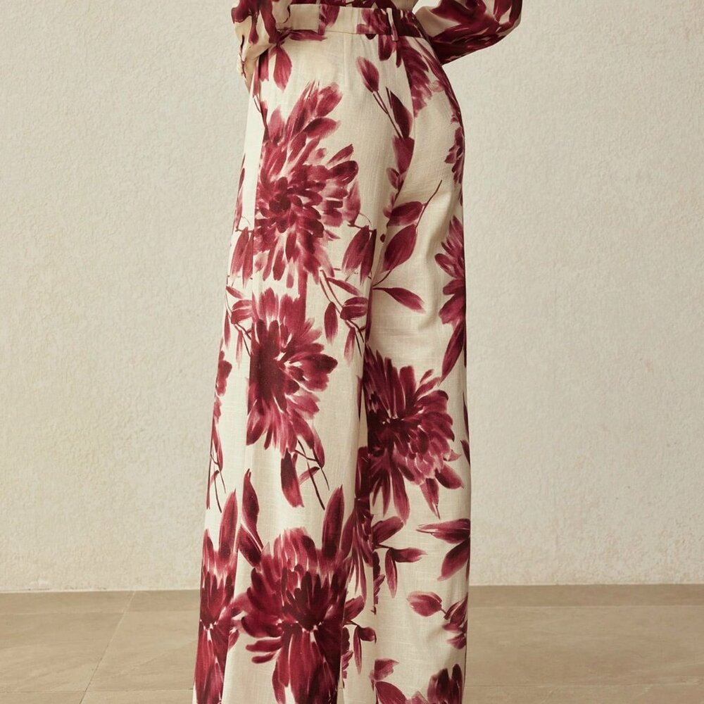 Burgundy Casual Women's Floral Print Straight Leg Wide Pants - Picture 2 of 7
